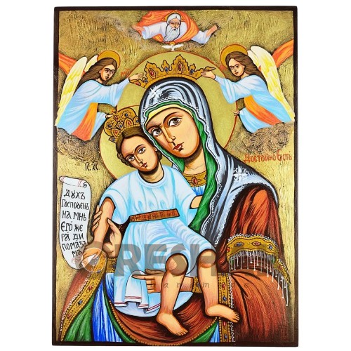 СПЕЦИАЛНА РЪЧНО РИСУВАНА ИКОНА СВЕТА БОГОРОДИЦА ДОСТОЙНО ЕСТЪ ПЪЛНА ИКОНОГРАФИЯ