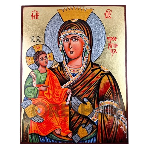 СПЕЦИАЛНА РЪЧНО РИСУВАНА ИКОНА СВЕТА БОГОРОДИЦА ТРОЕРУЧИЦА